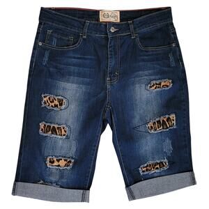 L&B Distressed Patched Leopard Bermuda Cuffed Denim Shorts/Capris Women's Sz. 14